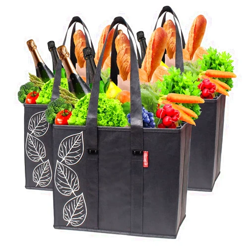 PLANET E Reusable Grocery Bags - Heavy Duty Shopping Bags with Handles, Kitchen Reusable Grocery Totes, Durable Grocery Bag Carrier and Tote, Hard Bottom for Extra Support (3 Pack)