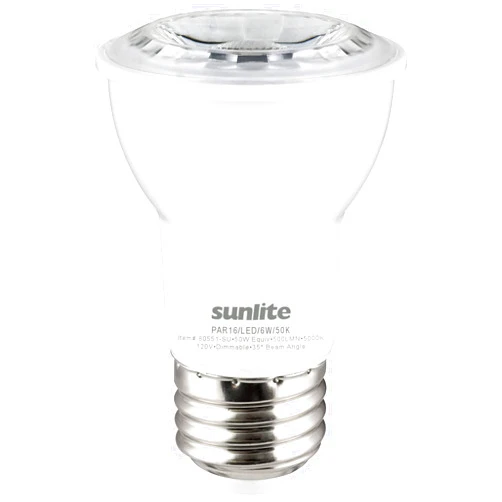 Sunlite LED PAR16 Reflector Light Bulb, 6 Watts (50W=), 500 Lumens, Medium E26 Base, Dimmable, Floodlight, 90 CRI, ETL Listed, Title-20 Compliant, 1 Count, 5000K Daylight