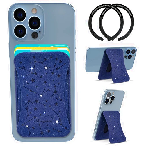 KINGXBAR Magnetic Wallet Stand Card Holder Compatible with MagSafe for iPhone 11 12 13 14 ProMax, Samsung Galaxy s22 23 Ultra, with Extra 2 Megnet Rings, Blue