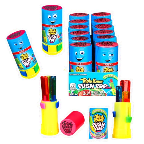 Push Pop Triple Power Three-in-One Individually Wrapped Bulk Lollipop Variety Party Pack - 12 Count Lollipops in Assorted Fruity Flavors - Fun Candy for Gifts & Parties