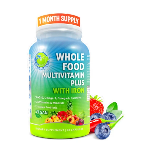 SUPPLEMENTS STUDIO Vegan Whole Food Multivitamin with Iron, Daily Multivitamin for Women and Men, Made with Fruits & Vegetables, B-Complex, Probiotics, Enzymes, CoQ10, Omegas, Turmeric, Non-GMO, 90 Count