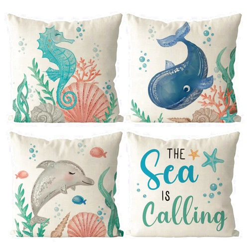 GAGEC Summer Pillow Covers 18x18 Inch Set of 4 Seahorse Whale Dolphin Throw Pillow Covers Ocean Summer Farmhouse Cushion Case Decor for Sofa Couch