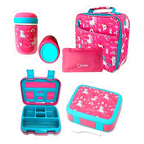 Kinsho Bento Box with Thermal, Stainless Steel Food Jar for Hot-Cold Food or Soup, Insulated Lunch Bag Ice Pack Set for Kids or Toddlers. Ages 3 to 7, Pink Unicorn