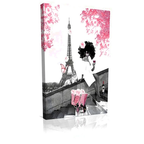 Familypers African American Wall Art Fashion Black Girl And Cat Canvas Prints Gray Pink Eiffel Tower Painting Picture Modern Artwork For Bathroom Living Room Home Wall Decor Framed Ready To Hang 12