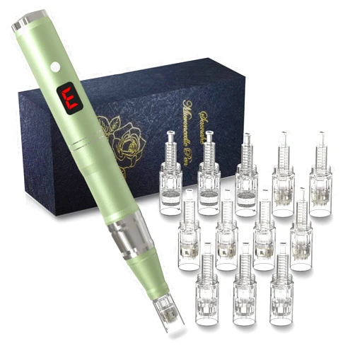 PUICMLNA Microneedling Pen with 12 Pcs Pin & Nano Cartridges Size 0.1mm, 3 x 42-pin, 3 x 36-pin,3 x 12-pin,3 x Nano series mixed-Puicmlna Replacement Cartridges Disposable Needles