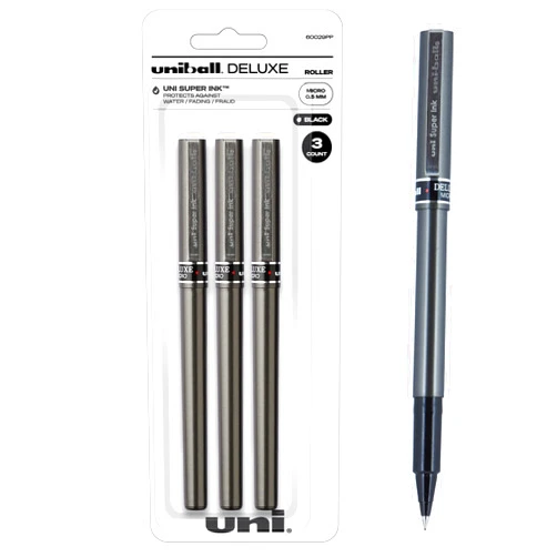 Uni-Ball Uniball Deluxe, 3 Black 0.5mm Micro Point Rollerball Pens