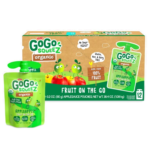 GoGo squeeZ Organic Applesauce and Fruit Puree, Apple Apple, 3.2 oz (Pack of 12), Unsweetened Organic Fruit Snacks for Kids, Gluten Free, Nut Free and Dairy Free, Recloseable Cap, BPA Free Pouches