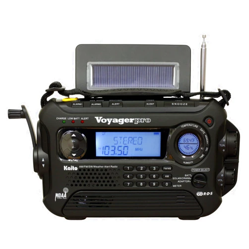 Kaito Voyager Pro KA600 Digital Solar Dynamo Crank Wind Up AM/FM/LW/SW & NOAA Weather Emergency Radio with Alert & RDS, Flashlight and Reading Lamp + Smart Phone Charger, Black