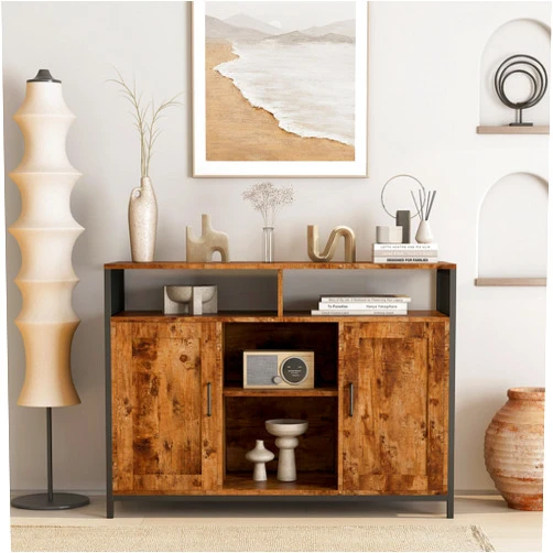 Generic Rustic Brown Sideboard - Industrial Style Wood Storage Cabinet with Adjustable Open Shelves, Organizer for Living Room/Dining Room, 43.7x15.74x31.5 Inches