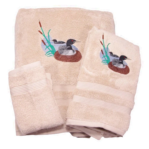 Big Black Horse LLC Bath Towel Set with Embroidered Loons on The Water - Beige Terry
