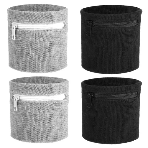 Aphumedc 4 Pcs Wrist Wallet Wrist Sweat Bands with Zipper Breathable Sweat-Wicking Wristband Pouch for Women Men Ankle Wallet Carry Cell Phone Keys Cash for Running Walking - Black & Gray