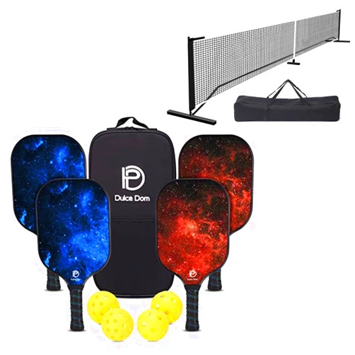 DULCE DOM Pickleball Paddles Set of 4 & Pickleball Net 22 FT Regulation Size | 4 Pickleball Paddles, 4 Pickleball Balls, Pickleball Bag and Pickleball Net
