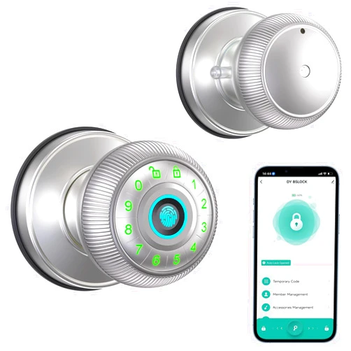 HOUMICA Fingerprint Door Lock - Smart Door Knob with Passcode Keypad, Finger Print Biometric Door Knobs & App Control, Keyless Smart Door Lock for Apartment Bedroom Hotel Office (Silvery)