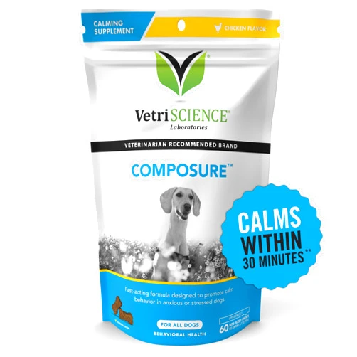 VetriScience Composure Calming Chews for Dogs - Clinically Proven Dog Anxiety Relief Supplement with Colostrum, L-Theanine & Vitamin B1 for Stress, Storms, Separation & More - 60 Count, Chicken Flavor