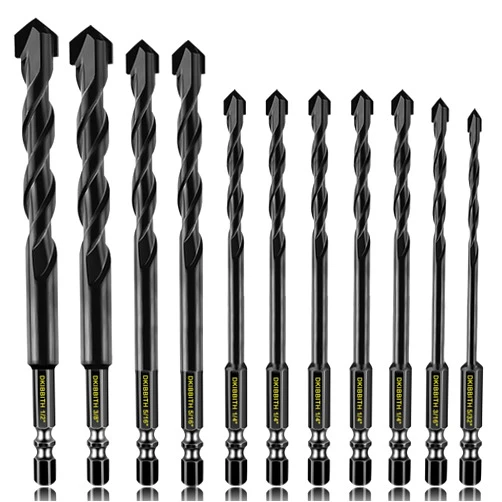 DKIBBITH 11-pc Masonry Drill Bits Carbide Concrete Drill Bit Set for Stone Tile Brick Ceramic Glass Metal Sheet Plastic and Wood, Quick Change 1/4