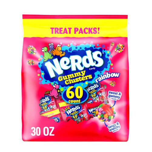 NERDS Gummy Clusters, Candy Treat Packs, Rainbow, Crunchy and Gummy, 30 oz (60 ct)