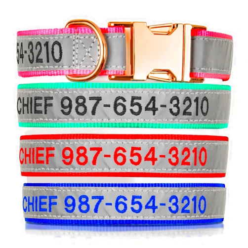 DZIGNIQ Personalized Reflective Dog Collar Embroidered with Pet Name and Phone Number - Metal Buckle Adjustable Custom Dog Collars in Pink, Blue, Black for Large Dogs, Boys and Girls Puppy