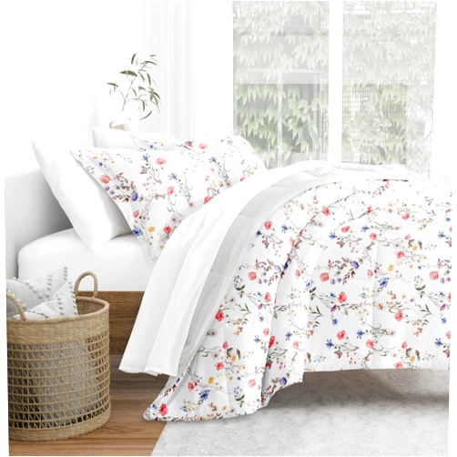 Merit Linens Comforter Set Patterned Microfiber All Season Down-Alternative Ultra Soft Bedding in Meadow Floral Stripe - King/Cal-King Meadow Floral Stripe Pink