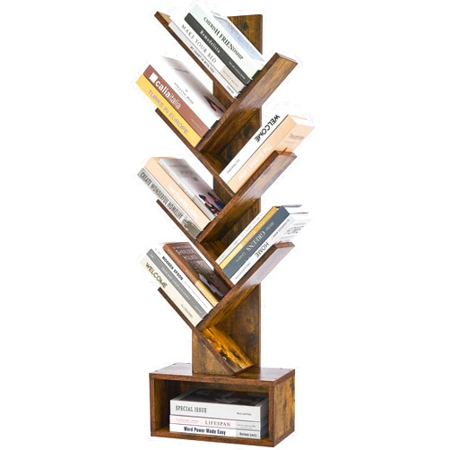 Hoctieon 6 Tier Tree Bookshelf, Tall Bookcase with Drawer, Freestanding Book Shelf, Display Floor Standing Storage Shelf, Book Organizer Shelves for Home Office, Rustic Brown