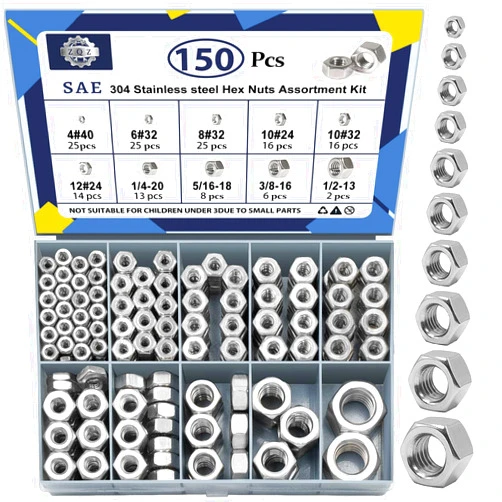ZQZ 150 Pack SAE Hex Nuts Assortment Kit,4#40 6#32 8#32 10#24 10#32 12#24 1/4-20 5/16-18 3/8-16 1/2-13 Hardware Nuts Sets,304 Stainless Steel Standard Inch Thread