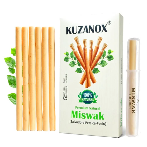 KUZANOX Miswak Sticks for Teeth Pack of 6 with Holder, Natural Toothbrush for Healthy Gums, Teeth and Fresher Breath, Supports Teeth Whitening, Organic Wooden Vacuum Sealed Sticks