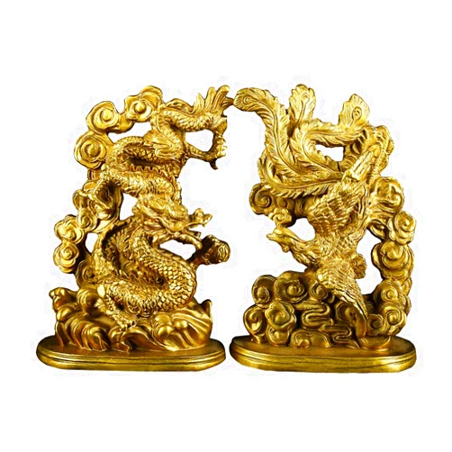 BRASSTAR 5.7” (H) Chinese Brass Dragon Phoenix Statue Yin Yang Harmony Feng Shui Sculpture Marriage Luck Talisman Wedding Gift Home Decor A Pair PTZY029