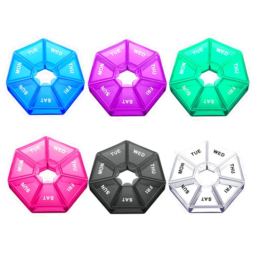 Patelai 6 Pcs Small Weekly Pill Organizer 7 Day Sided Pill Vitamin Case Portable Planner 7 Copartment Travel Round Storage Box Daily Reminder Container for Medicine Supplement Fish Oil(Bright Colors)