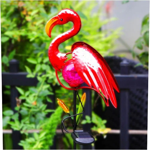 Starryfill Flamingo Solar Light Garden Decoration Metal Stake,Warm White LED Crackle Glass Globe for Gift Yard Pathway Patio Outdoor