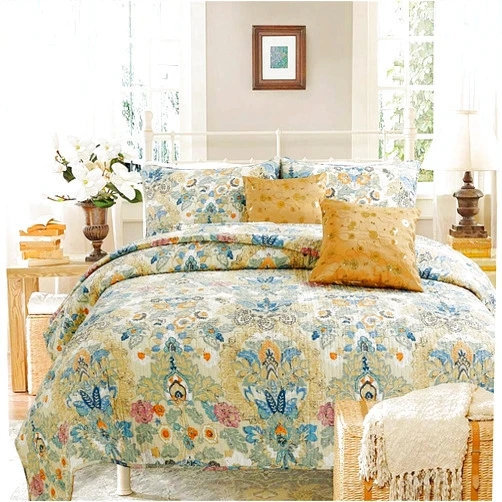 Cozy Line Home Fashions Luxury Classic Bedding Quilt Set, 100% Cotton Beige Blue Floral Pink Flower Bohemian Style Reversible Bedspread Coverlet (Art Painting, King - 3 Piece)