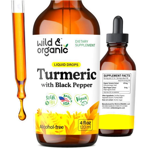 Wild & Organic Turmeric Supplement Liquid Drops - Movement & Immune Support - Liquid Turmeric with Black Pepper Extract - Add to Tea Tincture - Curcumin Supplements - Sugar & Alcohol-Free - 4 fl oz