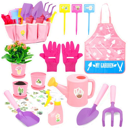 CUTE STONE Kids Gardening Set, Garden Toys with Metal Kids Rake, Shovel, Trowel, Watering Can, Gloves, Tote Bag, Gardening Kit for Toddlers, Outdoor Playset Spring Summer Toys for Girls Boys