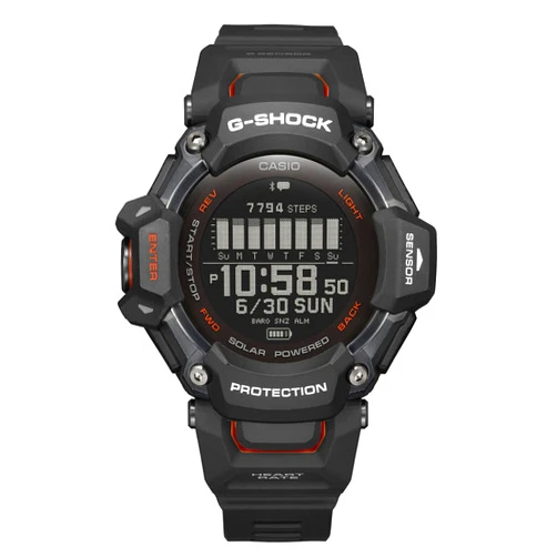 Casio Men's G-Shock Move GBD-H2000 Series, Multisport (Run, Bike, Swim, Gym Workout), GPS + Heart Rate Watch, Quartz Solar Assisted Black and Red Watch with Black Resin Strap