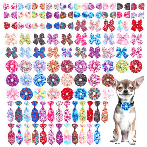 PET SHOW 100pcs Paisley Prints Small Dogs Bows Ties Flower Neckties Floral Collar Attachments 25 Set Classy Patterns for Party Holiday Puppies Cats Bulk Pet Adjustable Grooming Accessories