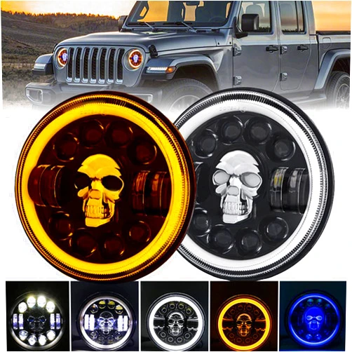 DOXMALL 2Pcs 7 Inch Round Led RGB Skull Headlights With Hi/Low Beam DRL Turn Signal Lights Compatible With Wrangler JK TJ LJ CJ Hummer H1 H2 H6024 Headlight