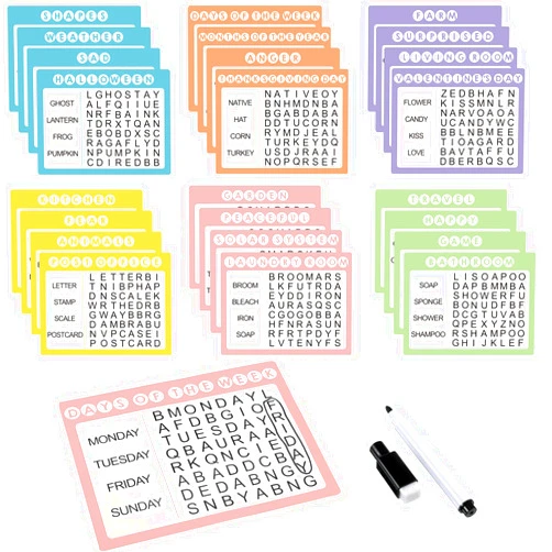 Yeaqee 12 Pcs Word Search Reusable Puzzle Books Large Print Word Search Books for Adults, Alzheimers Products, Dementia Activities with 4 Markers for Elderly Seniors Patients Crossword (Pastel Color)