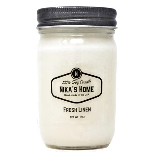 Nika's Home Fresh Linen Soy Candle 12oz Mason Jar Non-Toxic Natural White Soy Handmade, Long Burning 50-60 Hours Highly Scented All Natural, Clean Burning Candle Gift Décor