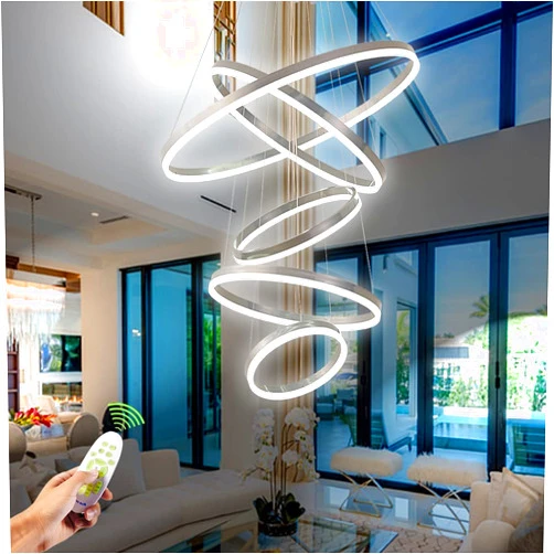 HiHiHomy Modern Chandelier,Dimmable Modern Led Chandelier 5 Rings Big Chandelier for High Ceiling Chandelier for Dining Room,Contemporary Acrylic Modern Led Pendant Chandelier Light Fixture with Remote Control