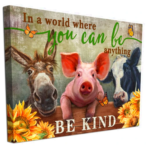 WOWGOOMO Rustic Farm Cow Pig Donkey Wall Art Be Kind Movitational Wall Art for Office Farmhouse Animal Picture Print on Canvas Painting Framed Artwork for Living Room Bedroom Kitchen Decor 12x16 inch