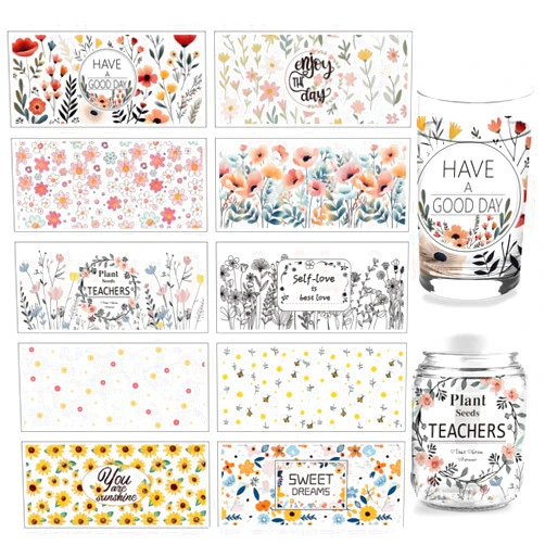 arricraft 10 Sheets UV DTF Cup Wrap Transfer Stickers for Glass, 10 Styles Wildflowers Poppies Bee Rub on Transfers Decal for 16OZ Glass Cups Furniture Craft Wood DIY Crafts