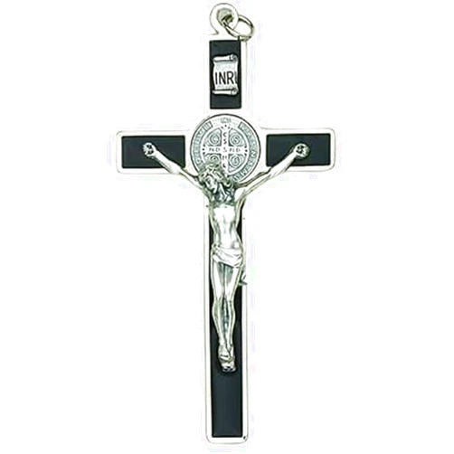 Hail Mary Gifts Religious & Catholic, 1pc Saint Benedict Black Enamel Wall Cross - Silver Tone Medal