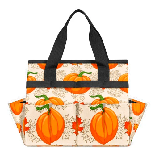 Bisibuy Pumpkin Autumn Maple Leaves Fall Thanksgiving Garden Tool Bag with 10 Pockets Easy Access Garden Tote Storage Bag Wear-Resistant & Reusable with 2 Handles Gardening Gifts 13