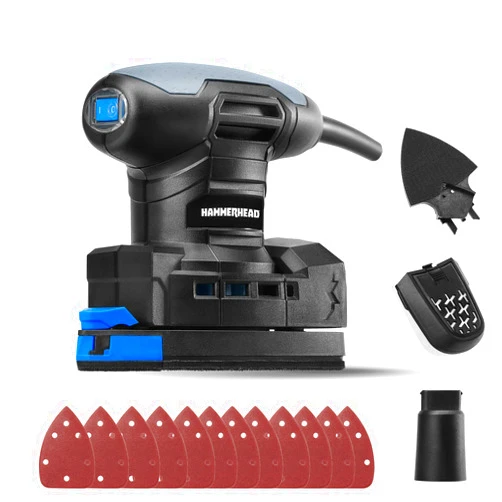 Hammerhead 1.4-Amp Multi-Function Detail Sander with 12pcs Sandpaper, Dust Collection System, and Detail Attachment - HADS014