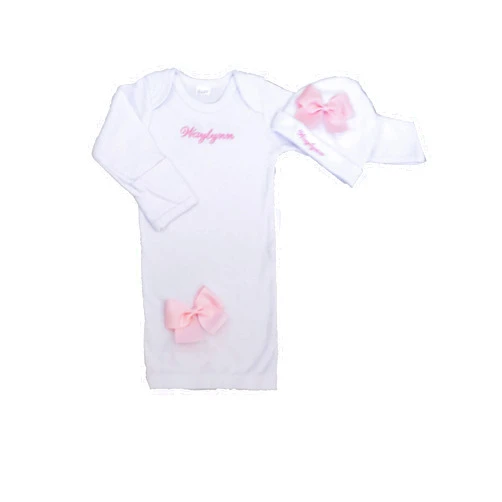 The Posh Layette Baby Girl Coming Home Outfit Monogrammed Gown & Beanie Personalized Baby Girl Shower Gift Newborn Outfit