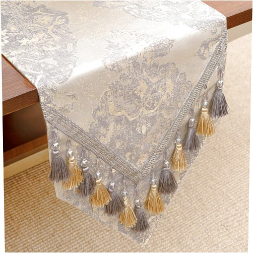 Loom and Mill Luxury Table Runner 108 inches Long, Elegant Damask Jacquard Table Runners with Handmade Multi-Tassels for Dining Room Dresser Party Holiday Banquet Decoration(Beige,13x108 inch)
