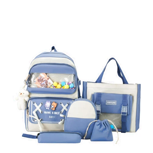 Mordelar 5Pcs Kawaii Canvas Backpack Combo Set with Cute Bear Pendant Ornament Pins Aesthetic Handle Shoulder Tote Bag (Blue)