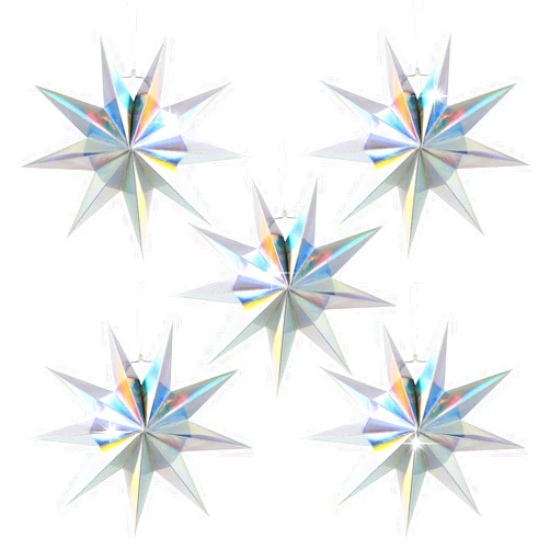 HADEEONG 5Pack 9-Pointed Paper Star Lanterns 11.8 Inch Iridescent Hanging Paper Lampshade for Winter Wonderland, Christmas Holiday, Weddings, Frozen Birthday Party Celebration Decor