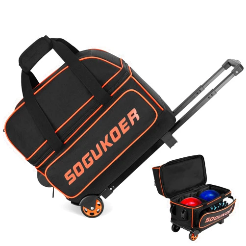 SOGUKOER 2 Ball Bowling Bag with Wheels, Lightweight Trolley Double Ball Bowling bag with Large Separate Shoe Compartment and Oversized Accessory Pocket, Retractable Handle Extends To 39.5
