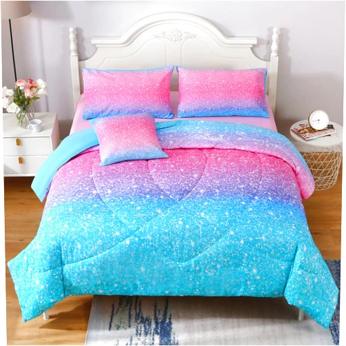 JQinHome Glitter Comforter Set Twin Size,6 Piece Bed in A Bag 3D Colorful Duvet Pink Blue Bedding Sets for Girls Kids - (1 Comforter,2 Pillowcases, 1 Flat Sheet, 1 Fitted Sheet, 1 Cushion Cover)
