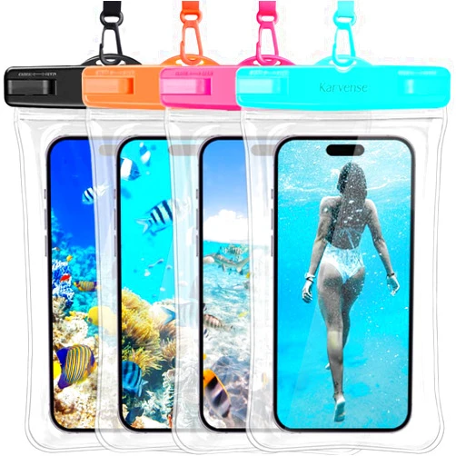 Karvense Waterproof Phone Pouch/Case Floating, Water Proof Phone Pouch for iPhone & Samsung Galaxy, IPX8 Phone Water Protector Pouch for Travel, Vacation, Beach, Pool, Cruise Essentials- 4 Pack