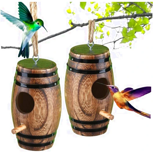DY-SKTY 2 Pack Hummingbird Houses for Outside, DY-SKTY Wooden Hummingbird House for Nesting, Hanging Bird Houses for Outdoors with Pole, Unique Garden Gifts Home Decoration